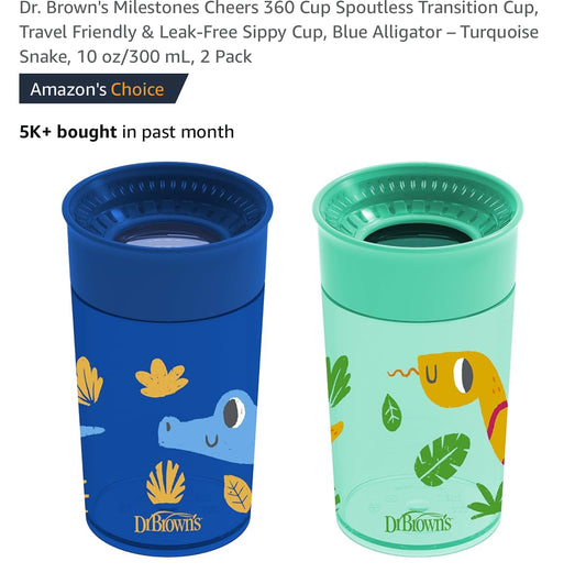 Dr. Brown's Milestones Cheers 360 Cup Spoutless Transition Cup, Travel Friendly & Leak-Free Sippy Cup, Blue Alligator – Turquoise Snake, 10 oz/300 mL, 2 Pack