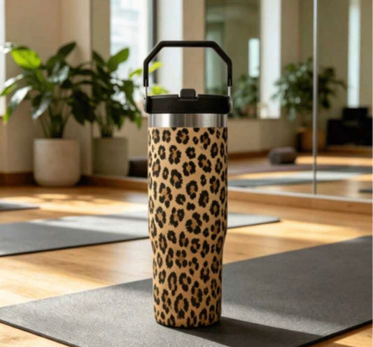 1pc 30oz Leopard Print Stainless Steel Vacuum Insulated Tumbler With Handle & Flip Straw - Cute Cheetah Design Skinny Travel Mug, Reusable Drinkware For Coffee, Tea & Water - Stylish  Cup For Women, Ideal For Gym, Office & Outdoor Use