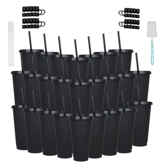 KAFUFU 25-Pack 24oz Pink Tumblers With Dust Caps - Reusable Drink Bottles & Party Cups For Coffee, Car Travel | Valentine's Day Gift Set, Includes Straws & Brushes, Bulk Orders Welcome (25, Black)