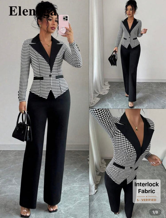 Elenzga Houndstooth Print Asymmetric Hem Long Sleeve Jacket And Solid Color Pants Suit