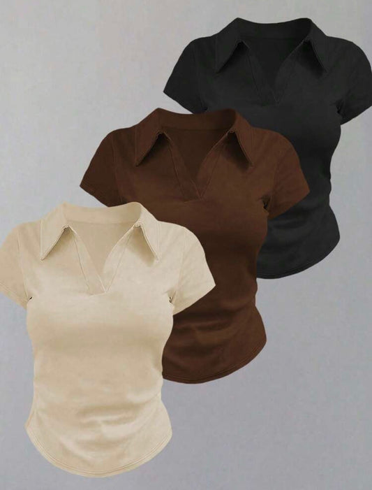 SHEIN 3pcs Casual Solid Color Polo Collar Slim Fit T-Shirts, Suitable For Daily Wear