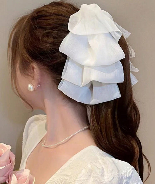1pc Girl Multi-Layered White Chiffon Mesh Bow Detail Bow Hair Clip, Cute Fairy Net Bow Banana Clip Hair Accessory Hairpin For Daily Wear.