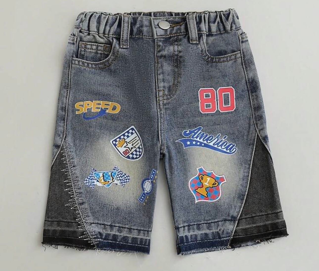 ROMWE MEN Prep Spring/Summer Beach Vacation Graphic Plus Size Men'S Racing Letter Embroidery Pockets Loose Casual Denim Shorts