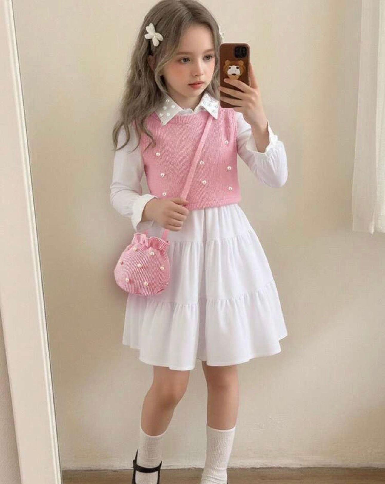 Elladie kids 2pcs/Set Girls' White Princess Suit,Collared Shirt Dress&Beaded Vest With Bag,Summer 7th Birthday Back-To-School Fashion Elegant Outfit