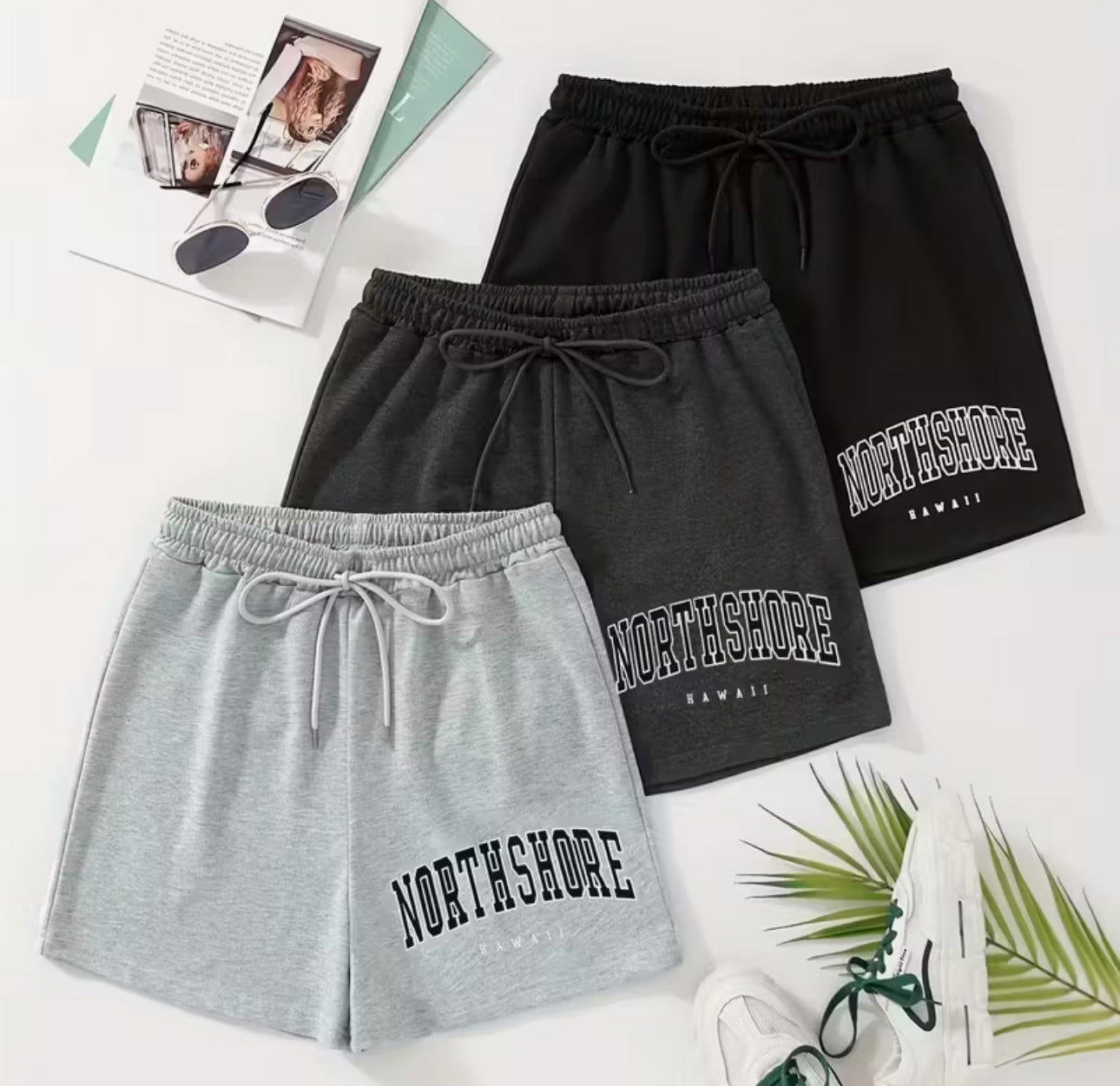 Casual Northshore - Printed Shorts Set: Three Pieces In Black, Gray, Light Gray, Drawstring Waist, Letter Print, Perfect for Daily Leisure And s