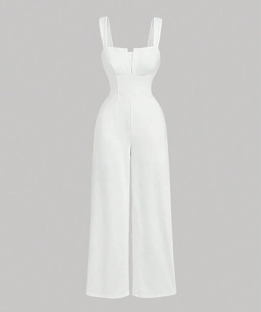 MOD Women's Long White Knitted Jumpsuit With V-Neck And Suspender,Trimmed Sleeveless White Jumpsuit For Women ,Back To School,Preppy Outfits,Fall Outfits,Khaki Skirt, ,Going Out Outfits,Vintage Outfits,Work Clothes,Business Casual Women