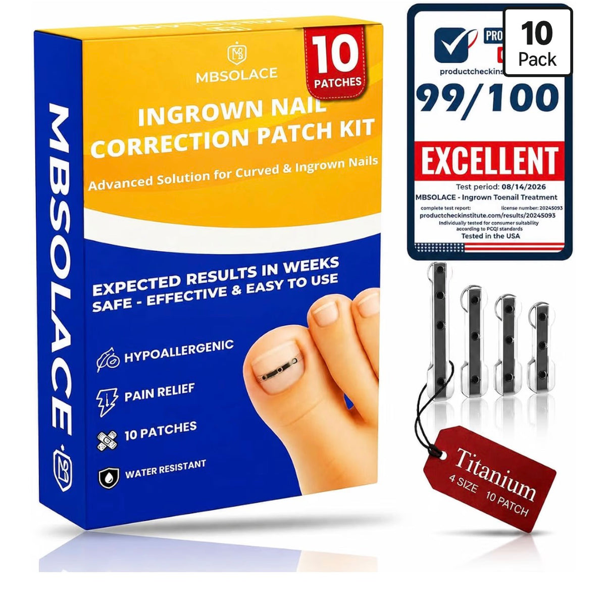 Premium Titanium Alloy Ingrown Toenail Treatment & Corrector Kit– Hypoallergenic Curved Toenail Corrector Strips– Toenail Straightener, Water-Resistant, Quick Relief, Easy Home Use, 10 Pcs in 4 Sizes