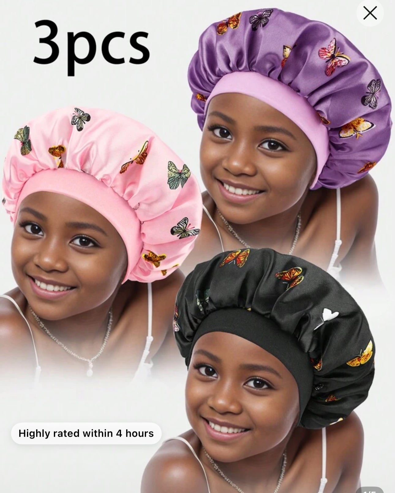 Awegeo 3pcs Children's Butterfly Printed Wide Brim Bonnets With Elastic Band, Fashionable And Comfortable Daily And Sleepwear