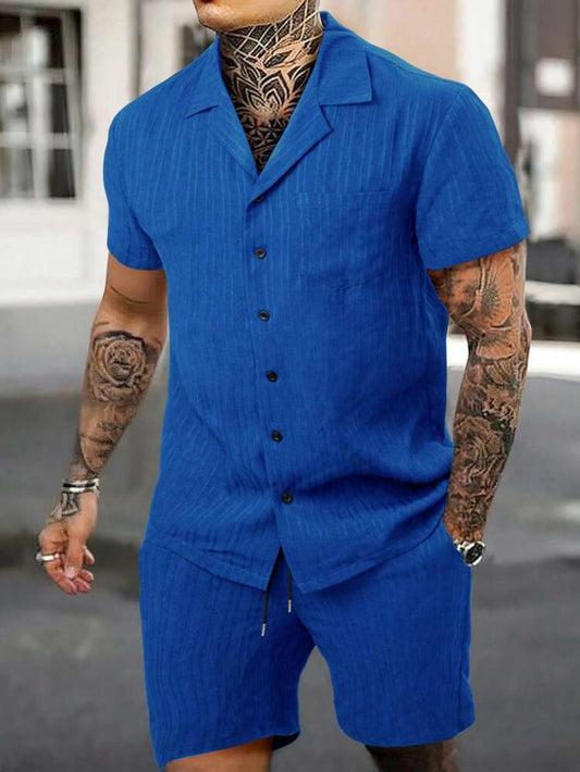 Manfinity RSRT 2pcs Men's Solid Color Lapel Neck Short Sleeve Shirt And Shorts Casual Summer Outfits