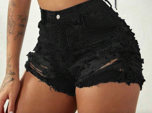 Rave Y2K Streetwear High Stretch Diagonal Pocket Frayed Hollow Out Distressed Denim Mini Shorts, Sexy Club Wear Denim Shorts For Spring/Summer