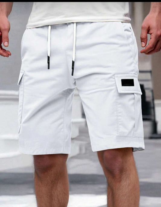 Manfinity Homme Men's Summer Casual Street Solid Color Drawstring Elastic Waist Flap Pocket Cargo Shorts Men White Cargo Shorts Men Shorts With Pockets Men Drawstring Shorts White Shorts Men Men Casual Shorts.A Great Gift For A Boyfriend Or Husband.