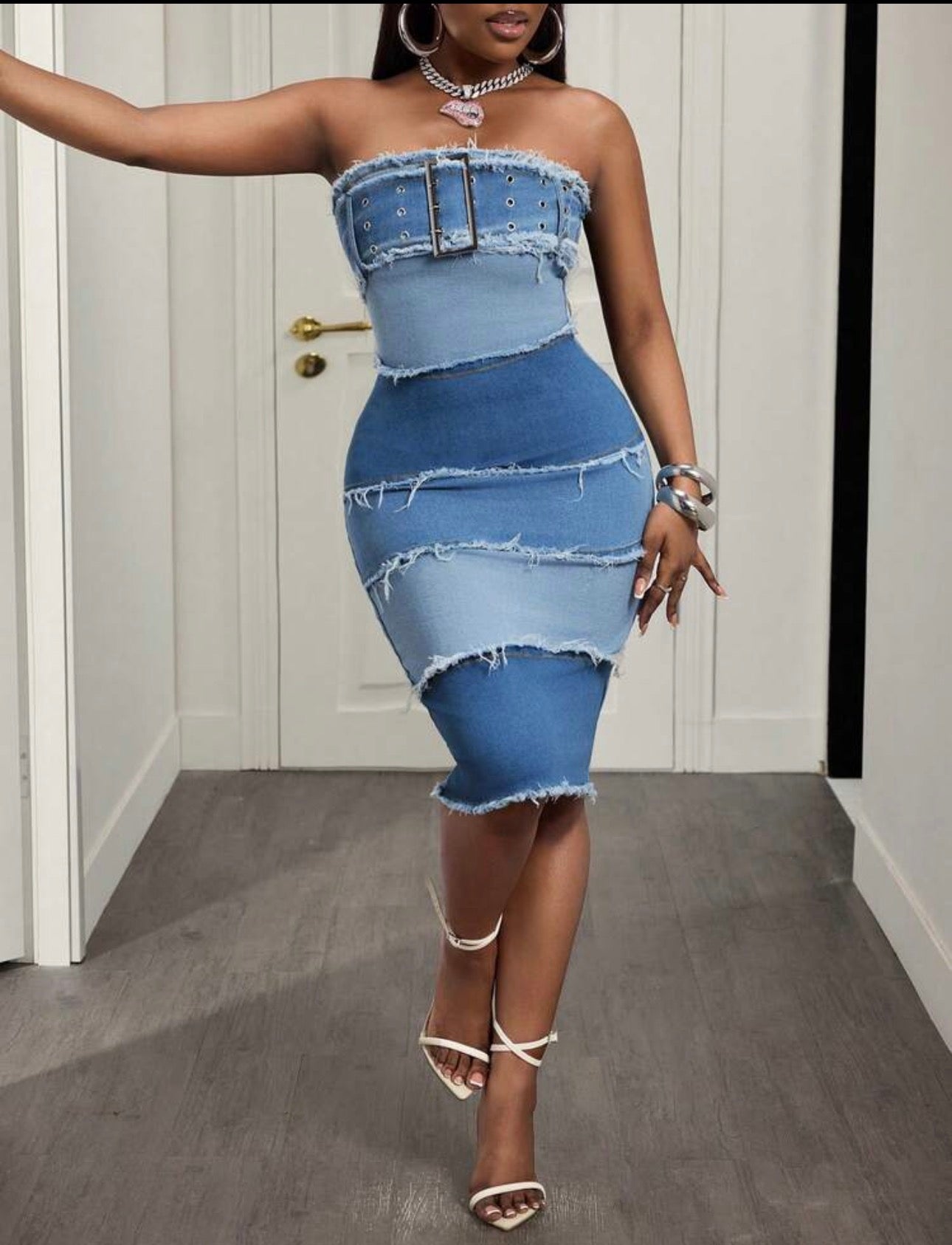 BamGleam Women's Fashion Denim Bustier Dress With Frayed Hem And Snap Button Closure