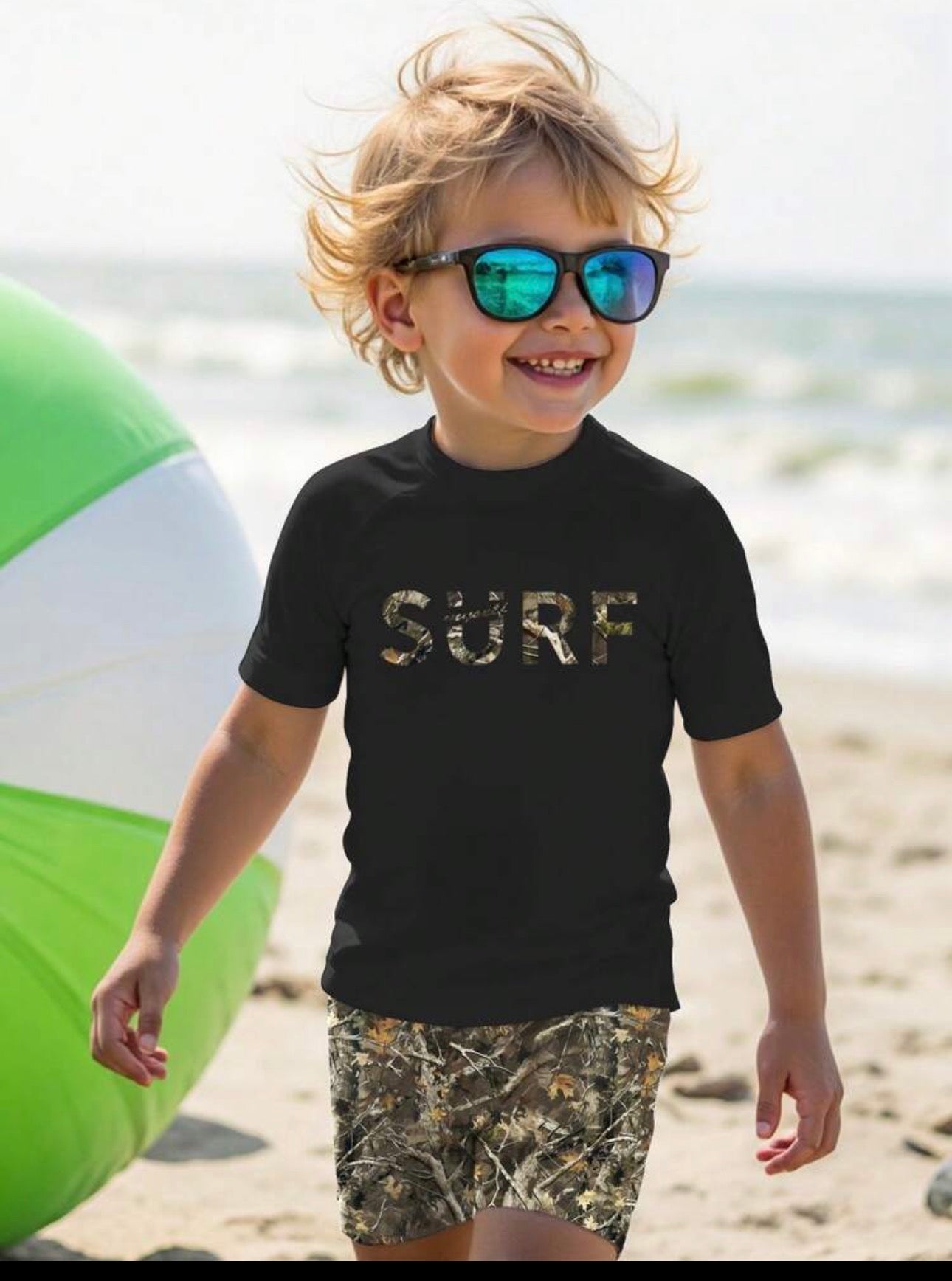 Young Boy Casual Loose Round Neck Short Sleeve T-Shirt And Shorts Swimwear Set, Suitable For Summer, Classic Surfing Text Graphic Print, Withered Branch Print, Suitable For Vacation And Surfing