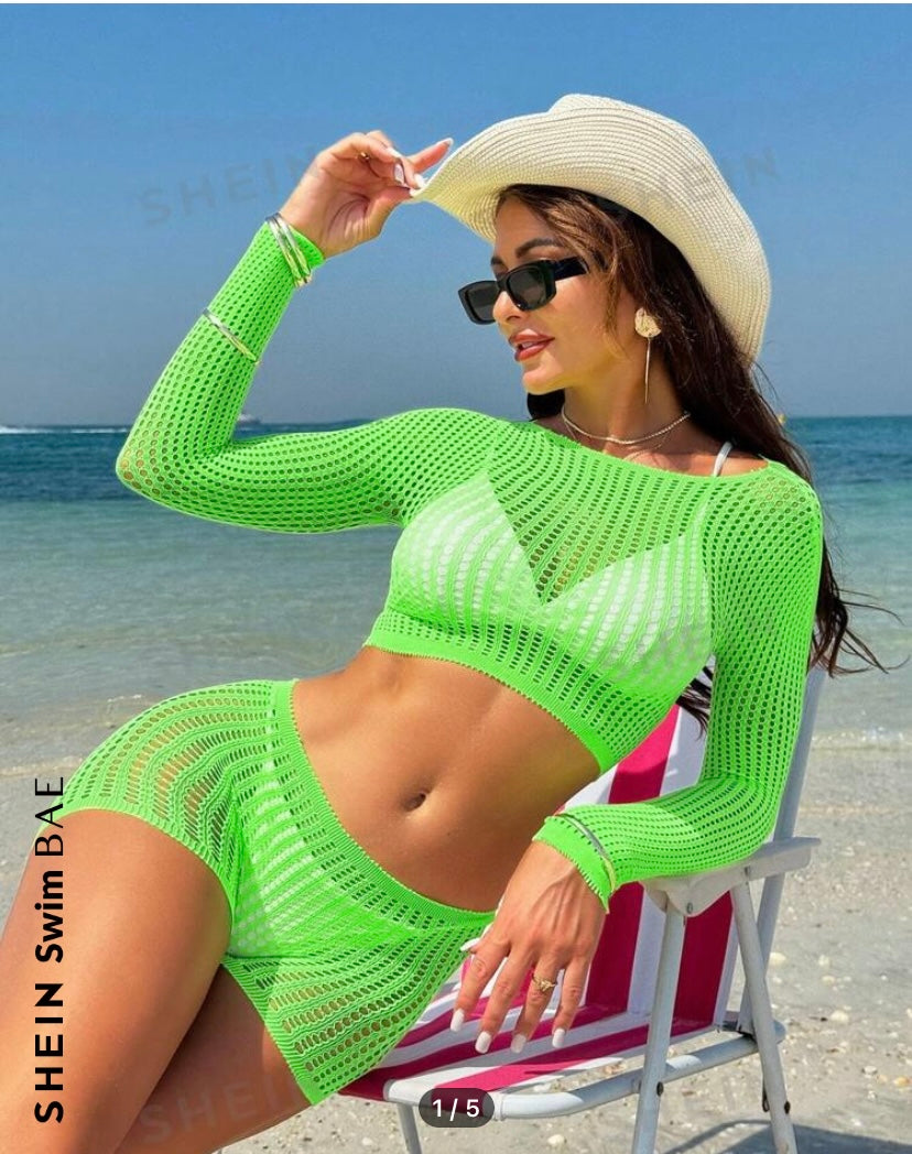 Swim BAE Summer Beach Women Round Neck Solid Color Short-Length Holiday Matching Long Sleeve Shirt And Shorts Set (June 29)