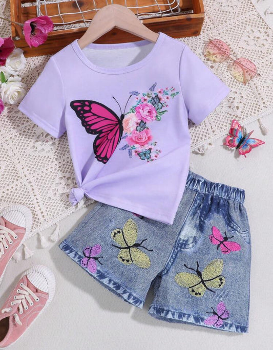 SHEIN Young Girl Butterfly Print Casual Short Sleeve T-Shirt And Denim-Effect Shorts Set For Spring/Summer