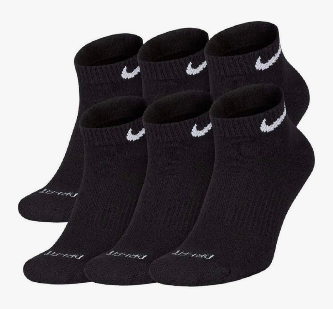 Nike Dri-Fit Training Everyday Plus MAX Cushioned Low-Cut Ankle Socks 6 Pair Black White Swoosh Logo Large 8-12