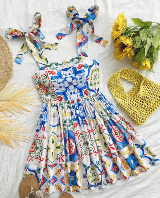 SHEIN Teen Girl Colorful Sicilian Style Print Shoulder Strap Bow A-Line Mini Dress, Casual Summer Holiday Outfit