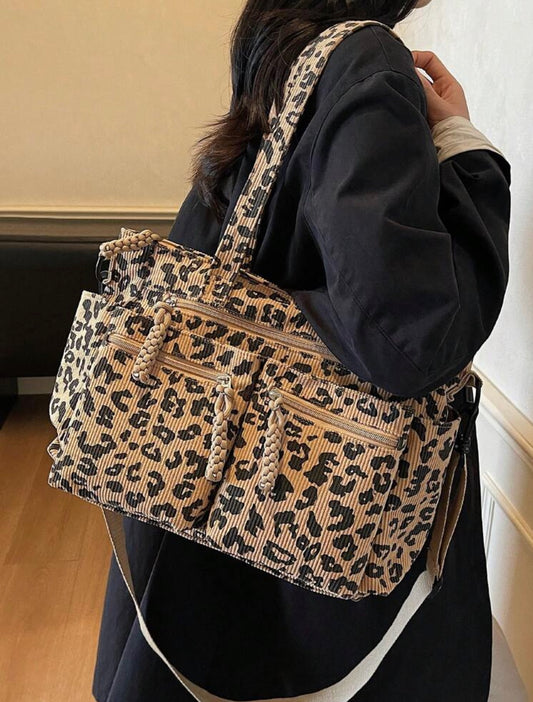 1pc Women's Fashionable Tote Bag With Full Body Leopard Print, Made Of Corduroy Material, Large Capacity With Multiple Pockets For Storage, Detachable And Adjustable Shoulder Strap, Suitable For Casual, Shopping, Travel, Work, School, And Gift Giving