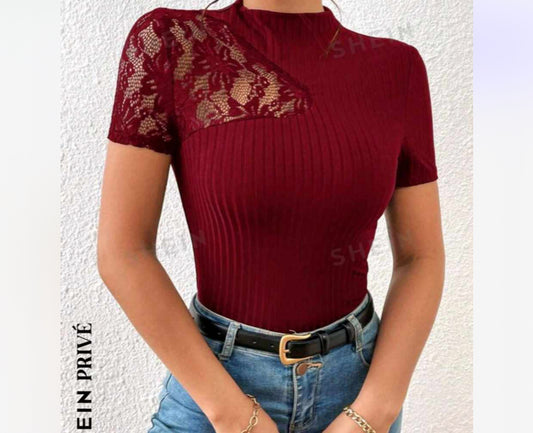 SHEIN Privé Contrast Lace Mock Neck Tee