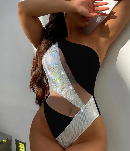 Women's Bohemian One-Piece Swimsuit - Single Shoulder Design with Shiny Sequins & Mesh Panels, High Elasticity Removable Chest Pads, High-Cut Thigh Slit Bathing Suit for Beach & Pool, Adjustable Swimwear, Decorative Sequins, Vacation Outfit, Stretchy Mate