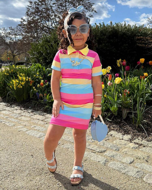 Young Girls Sweet & Cute Rainbow Striped Polo Collar Casual Everyday Comfortable Versatile Dress