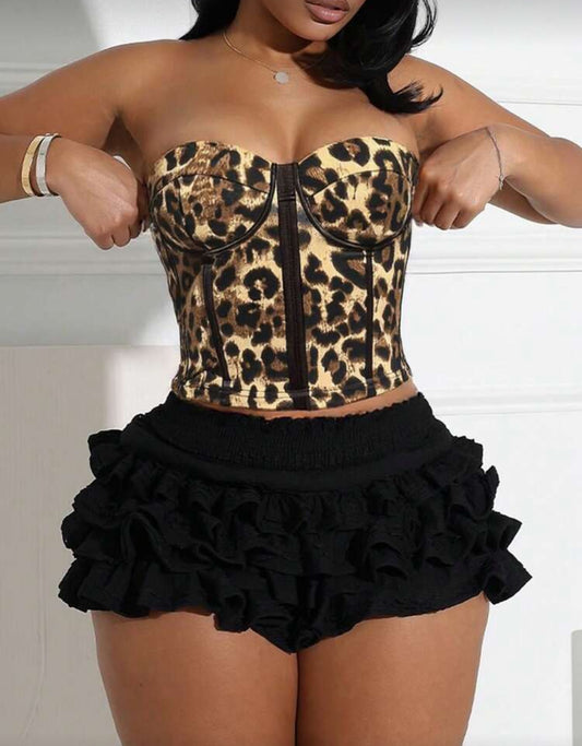 Women's Sexy Leopard Print Bandeau Top With Fishbone Patchwork
