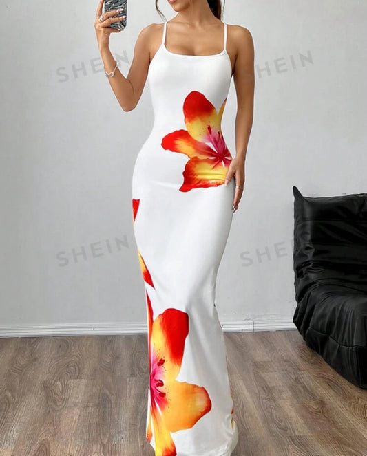 SHEIN EZwear Women's Summer Floral Printed Slim Fit Long Casual Tank Dress