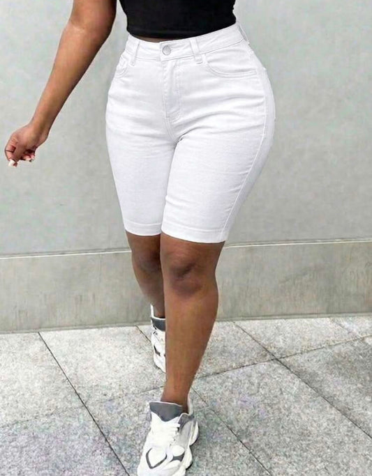 [98% Cotton] Plus Size White Denim Capri Shorts With Zipper, Medium Stretch Comfortable Casual Shorts