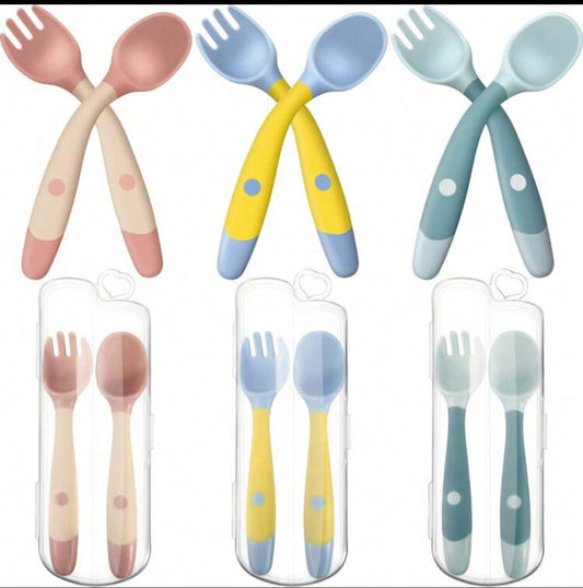 2pcs Kids Cutlery Set With Storage Box, Silicone Soft Bendable Spoon, Baby Feeding Tableware, Cute Infant Dinnerware