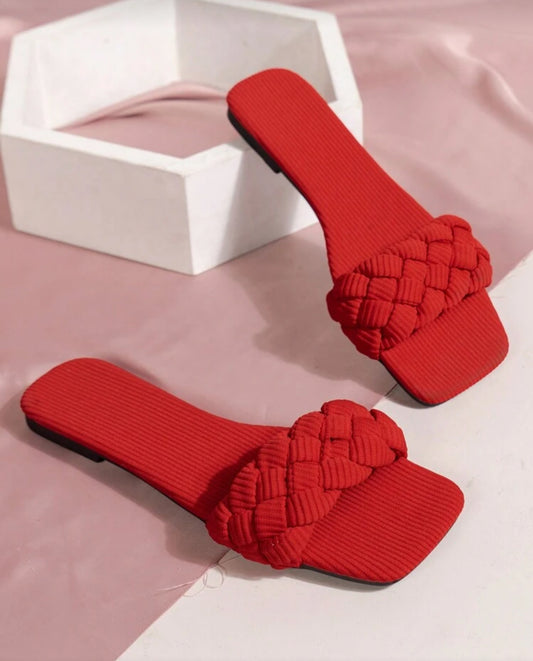 Summer Vacation Elegant Red Woven Design Flat Women's Sandals