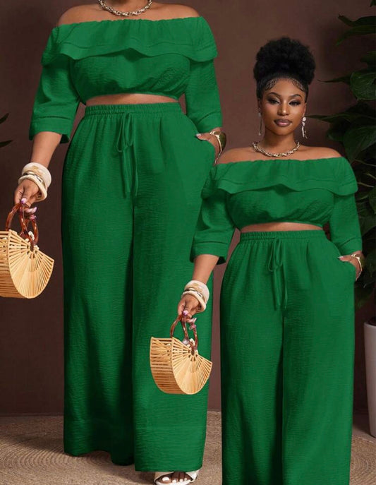 Veslaya 2025 New Spring/Summer Beach/Outdoor Leisure/Music Festival/Retro Western Resort/Casual Resort/-Tourism/City Resort Loose White Bamboo Texture Off-Shoulder Ruffle Half Sleeve Crop Top With Elastic Waist Drawstring And Pockets, Paired With Wide Leg