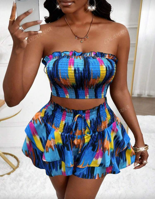 2pcs Women Set: Allover Print Bandeau Crop Top And Knotted A-Line Skirt,Vacation Outfits Women,Summer Clothes,Beach Outfits For Woman