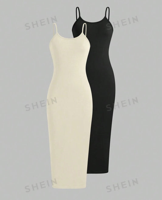 2pcs Summer Simple Solid Cami Midi Dress