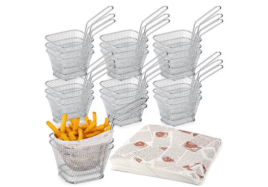 220 Pcs Mini Square Fry Basket Stainless Steel French Fry Holder Silver Food Baskets for Serving and Deli Wax Paper Sheets for Food 8 x 8 Inch Newspaper Print Sandwich Wrapping Paper