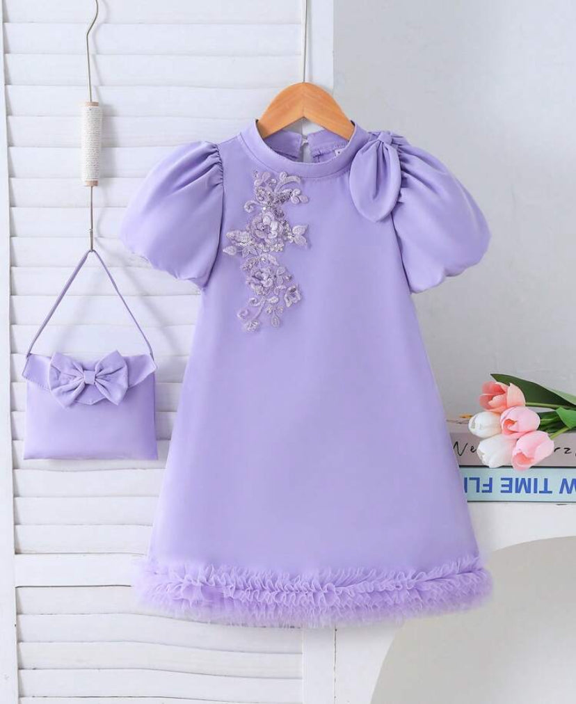 Young Girls Elegant Dress With Butterfly Decor Handbag, Puff Sleeve Big Bow & Sequin 3D Flower Design Mesh Patchwork Dress
