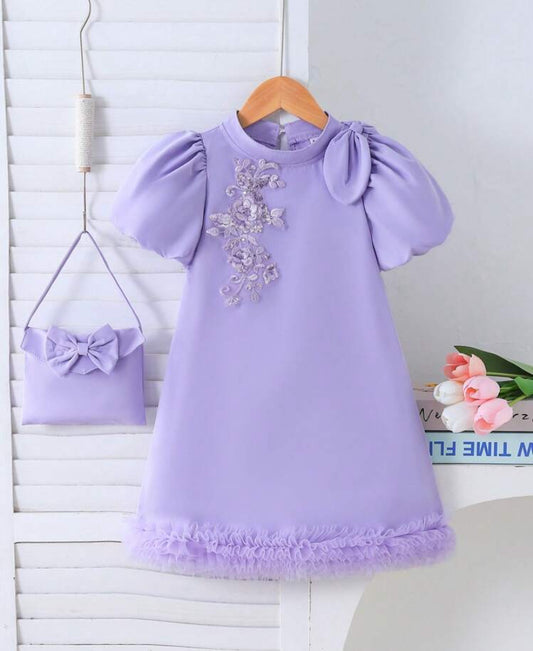 Young Girls Elegant Dress With Butterfly Decor Handbag, Puff Sleeve Big Bow & Sequin 3D Flower Design Mesh Patchwork Dress