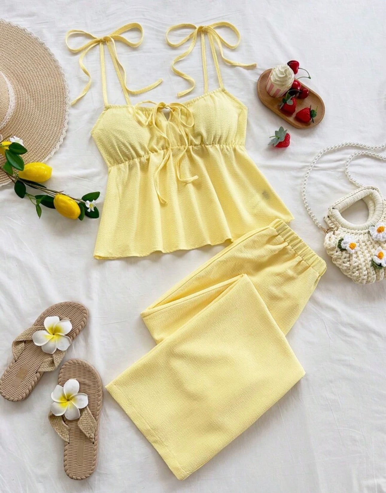 Soleia Women's Solid Color Tie Ruched Design Camisole Top And Elastic Waist Wide Leg Pants Casual Outfit  Summer Outfit For Women  Beach Outfit Going Out Holiday Outfits For Women Vacation Outfits Women  Casual Outfit For Women Yellow