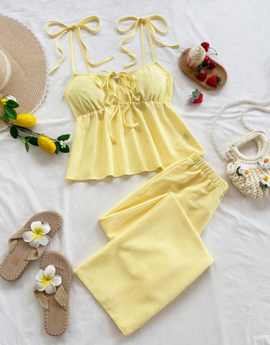 Soleia Women's Solid Color Tie Ruched Design Camisole Top And Elastic Waist Wide Leg Pants Casual Outfit  Summer Outfit For Women  Beach Outfit Going Out Holiday Outfits For Women Vacation Outfits Women  Casual Outfit For Women Yellow