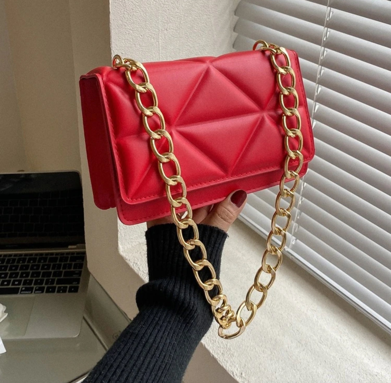 Mini Neon Red Geometric Embossed Flap Chain Square Bag