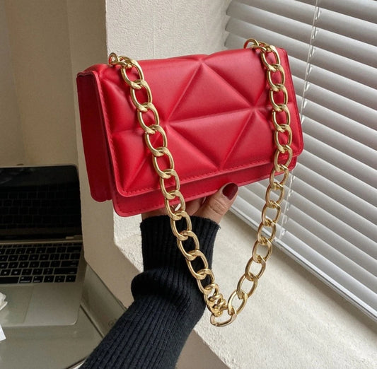 Mini Neon Red Geometric Embossed Flap Chain Square Bag