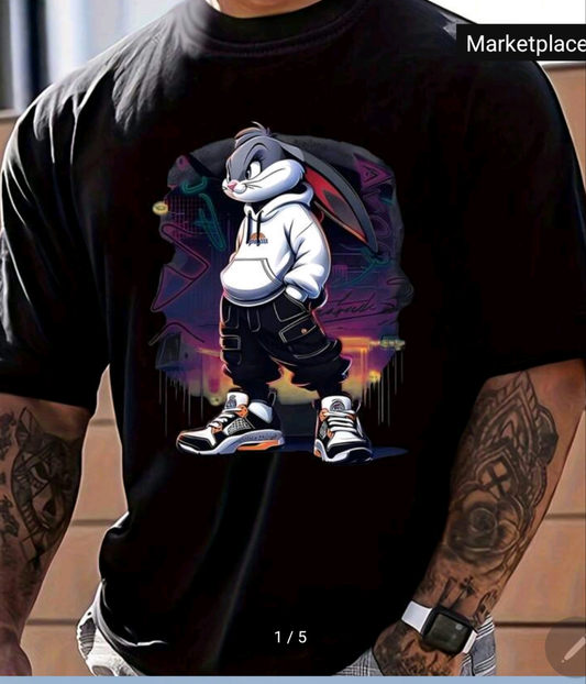 Men's Fashion Domineering Rabbit Print Round Neck Short Sleeve Daily Casual Popular T-Shirt
