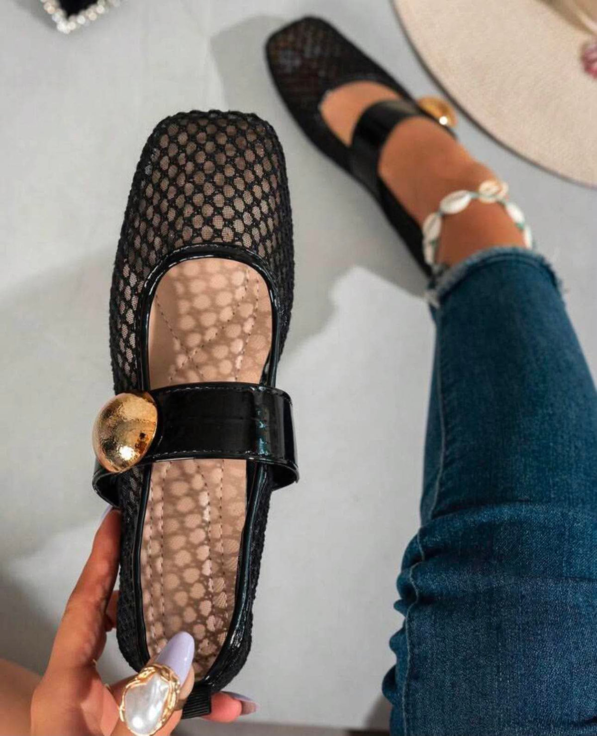Women's Summer Hollow Mesh Flat Square Toe Low-Top Leather 3D Ball Decor Mary Jane Ballet Shoes, Daily Commute Casual Versatile Outdoor Style