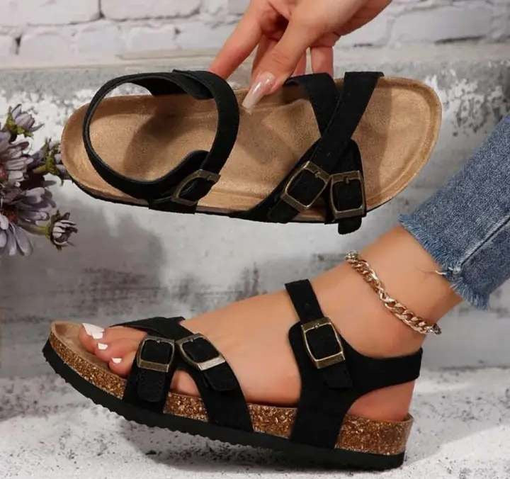 Womens Comfortable Arch Support Strappy Slip-On Modern Memory Foam Cushion Footbed Outdoor Adjustable Buckle Cork Footbed Slides For Sandals