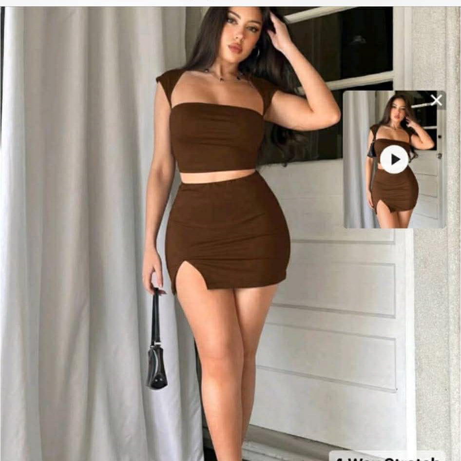 Aloruh Brown Crop Top+Mini Bodycon Slit Skirt Simple And Elegant Women 2-Piece Set Fashion Clothing Holiday Outfits For Vacation Summer Spring Street Chic