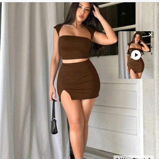 Aloruh Brown Crop Top+Mini Bodycon Slit Skirt Simple And Elegant Women 2-Piece Set Fashion Clothing Holiday Outfits For Vacation Summer Spring Street Chic