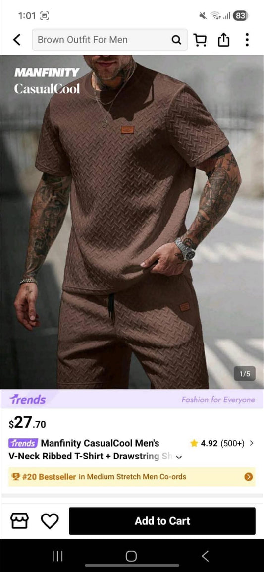 Manfinity CasualCool Men's V-Neck Ribbed T-Shirt+Drawstring Shorts Set Mens Two Piece 2 Outfits Summer Men Clothes S Co Ord Outfit Sets