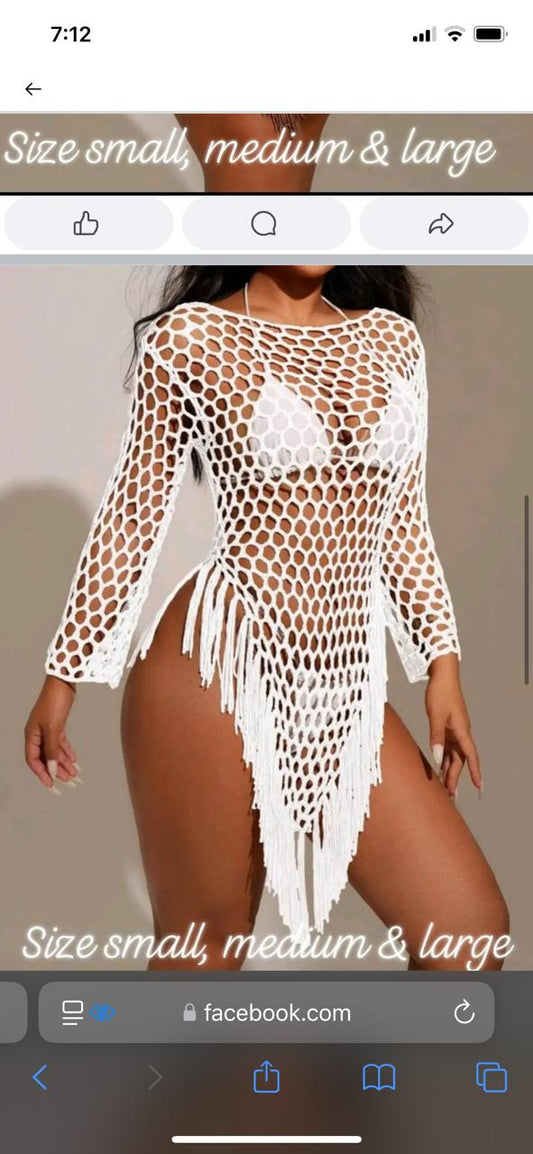 SHEIN Swim Women's Hollow Out Tassel Beach Cover-Up Long Sleeve Cover Up Summer