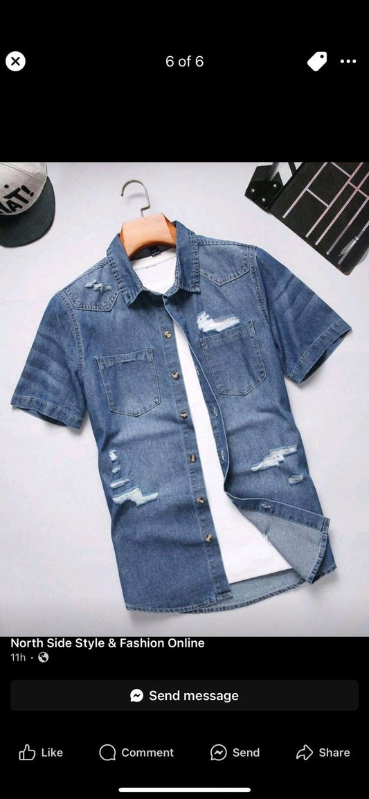 Manfinity LEGND Men Ripped Frayed Denim Shirt Without Tee