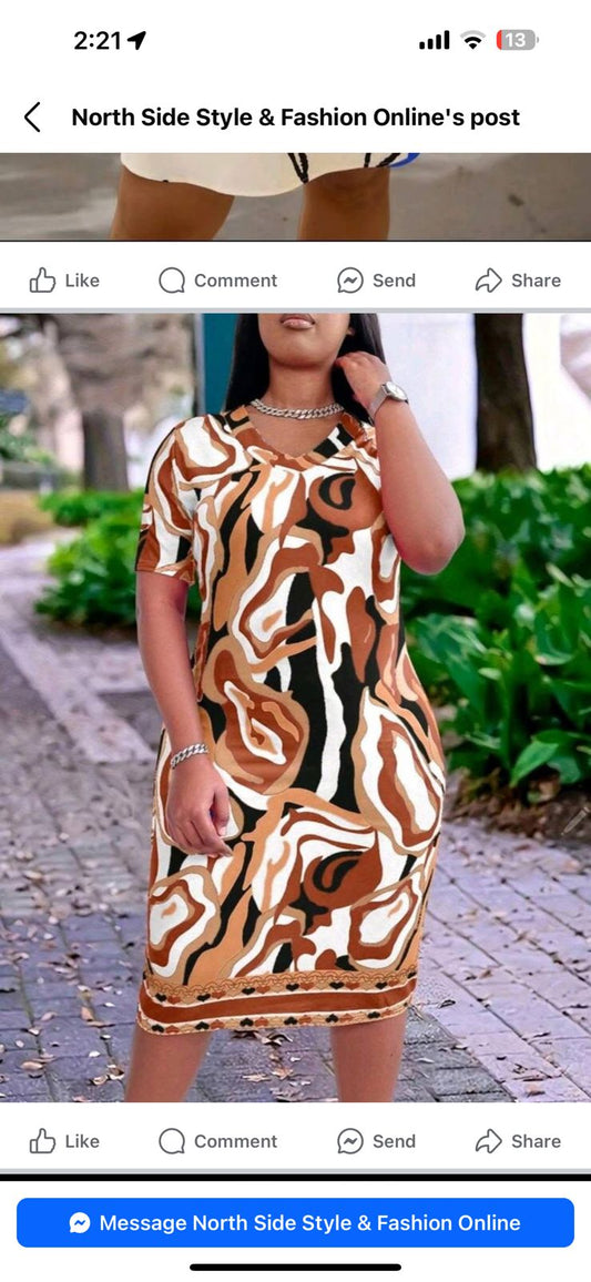 Plus Size Women Full Print V-Neck Short Sleeve Fitted Dress, Summer