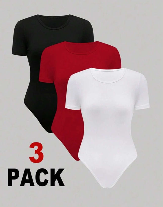 Flirla Women Summer Casual Short Sleeve Round Neck Solid Color T-Shirt Bodysuit (Set Of 3)